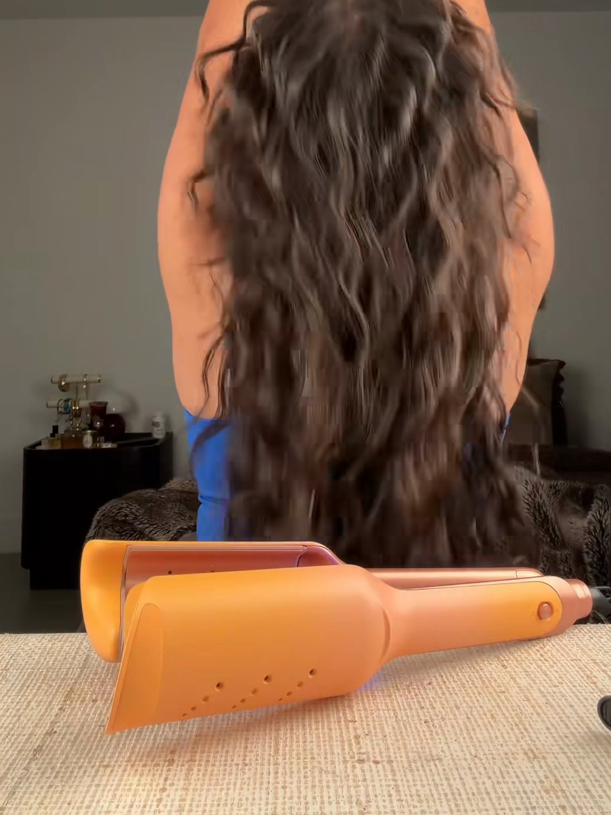 Three crimped beach-wave looks: front, back and profile
