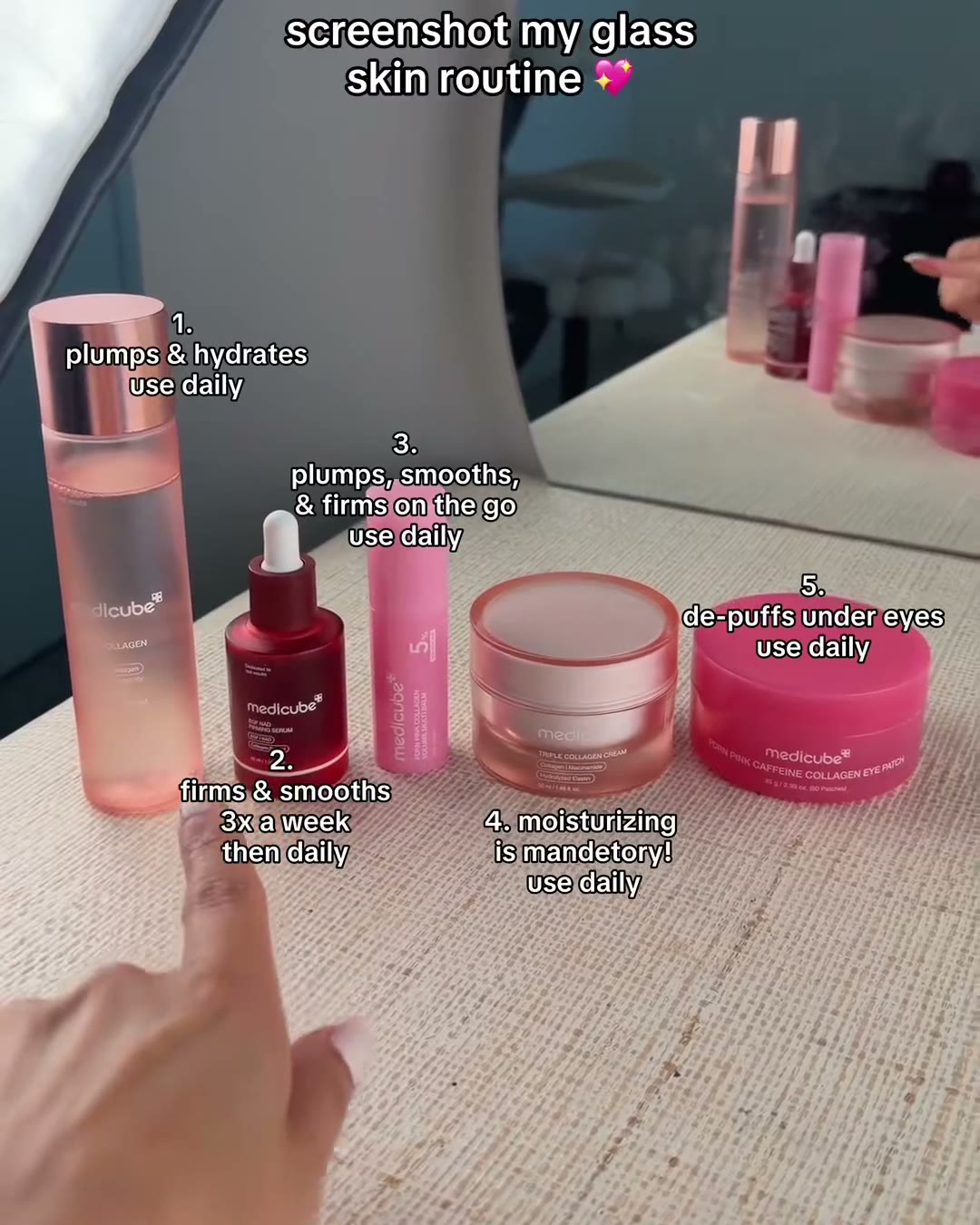 The whole stack, in order. I paused on this frame in the video so people (medicube EGF NAD+ Firming Serum, Aerely Chacón)