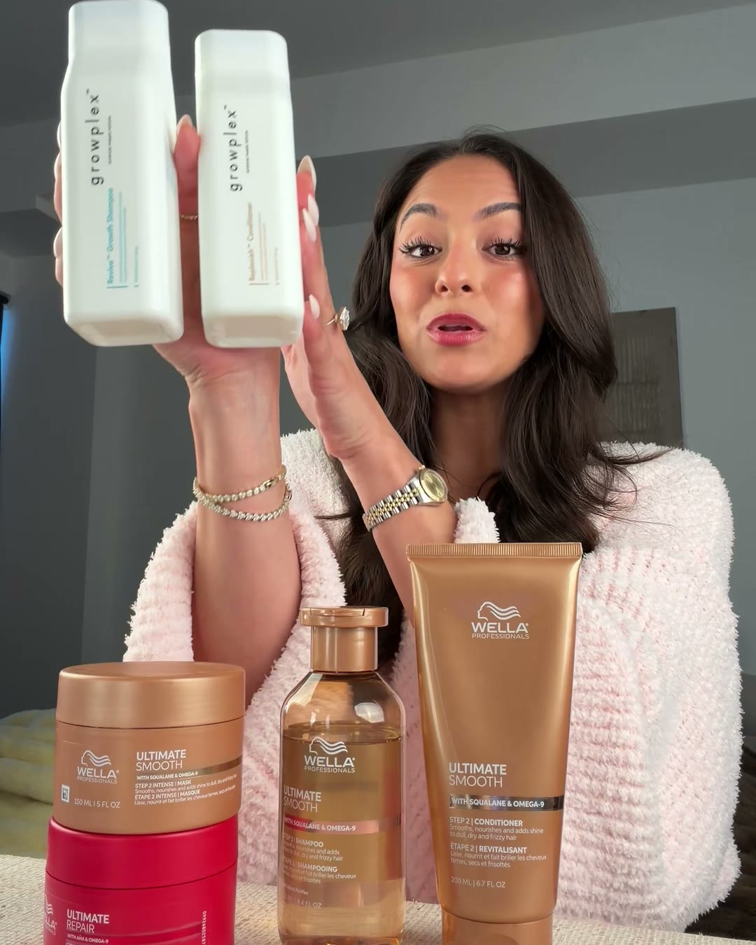 The white bottles are my protein day wash. Everything (Wella Professionals ULTIMATE SMOOTH Shampoo 8.45 oz, Aerely Chacón)