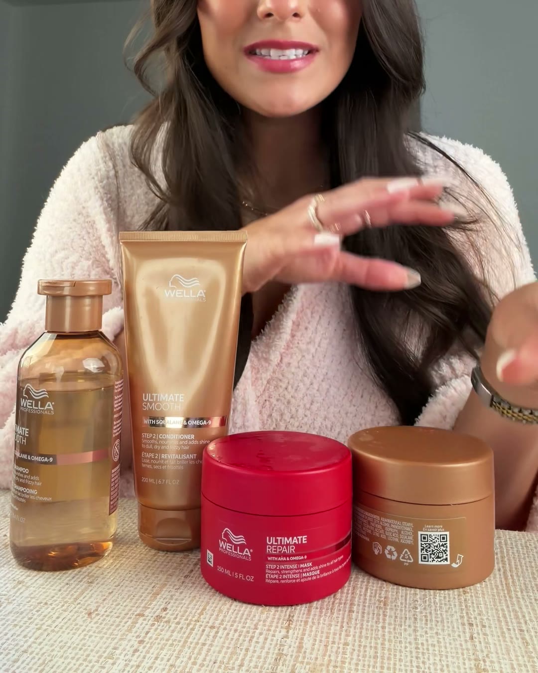 My hydration day lineup. The gold Ultimate Smooth trio (Wella Professionals ULTIMATE SMOOTH Shampoo 8.45 oz, Aerely Chacón)