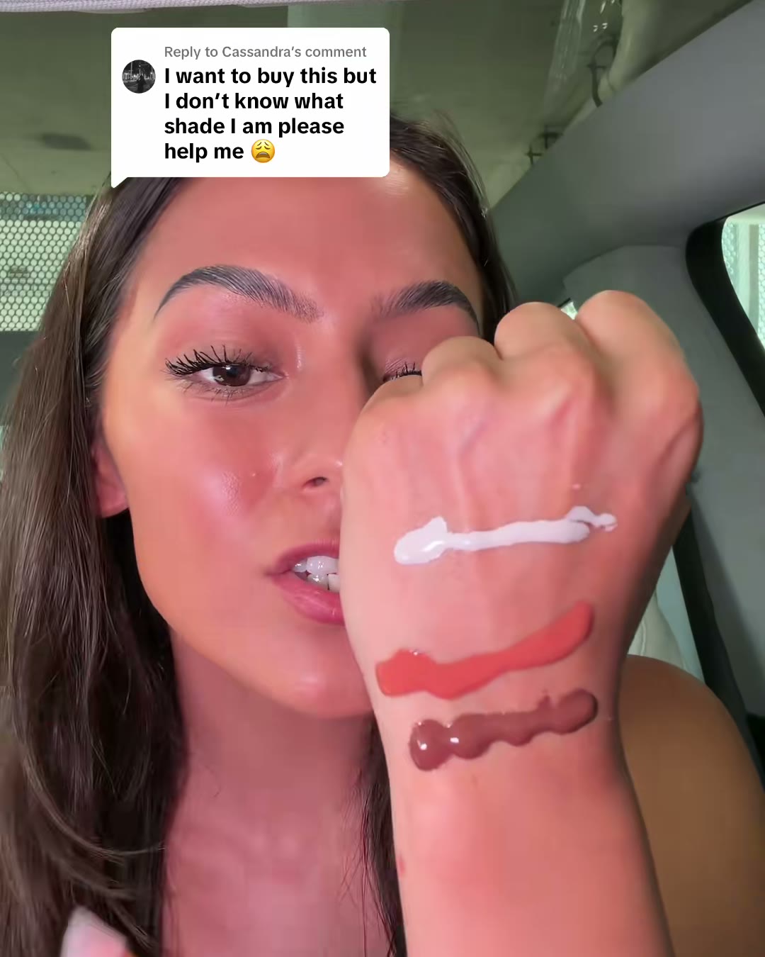 The comment that started the whole video. Three of the six swatched (tarte CC Color-Correcting Tinted Serum, Aerely Chacón)