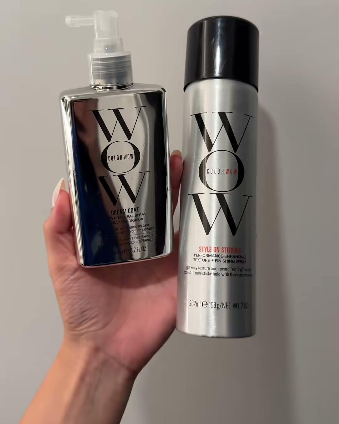 The whole routine. Dream Coat to prep, Style on Steroids to finish (COLOR WOW Dream Coat Supernatural Spray, Aerely Chacón)