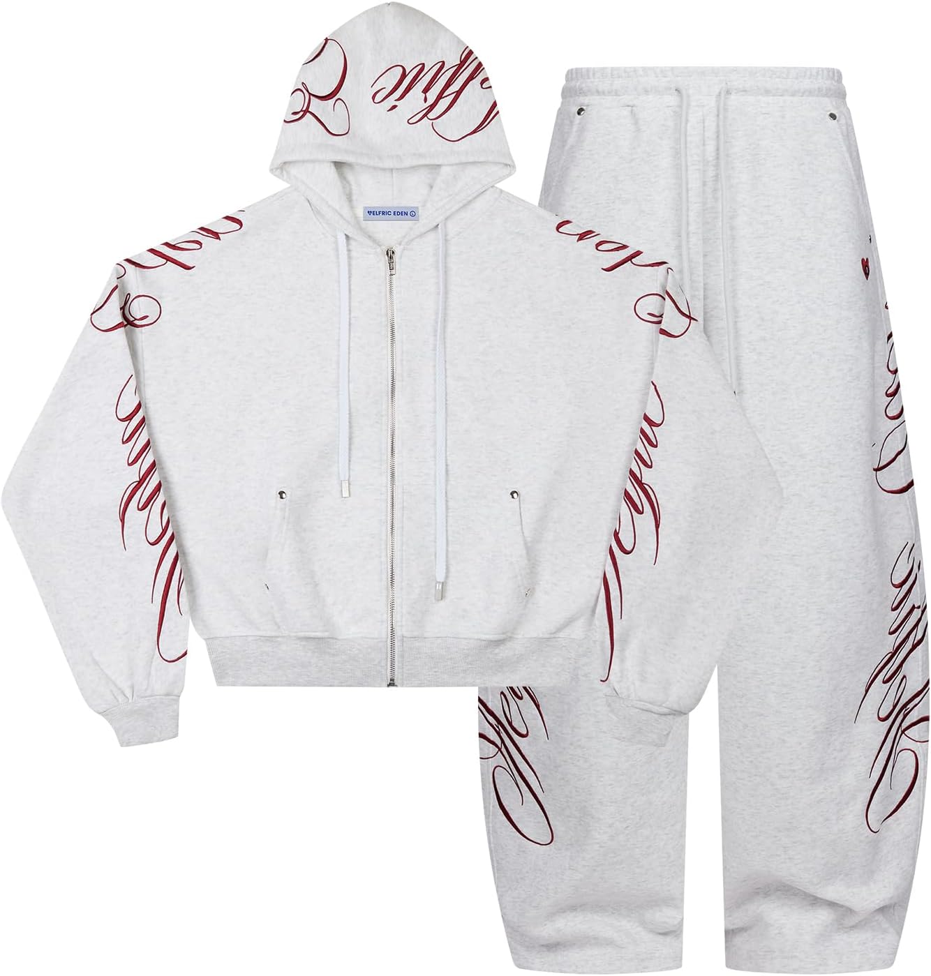 Aelfric Eden Boxy Embroidery Sweat Set, Zip Up Hoodie + Sweatpants, Grey